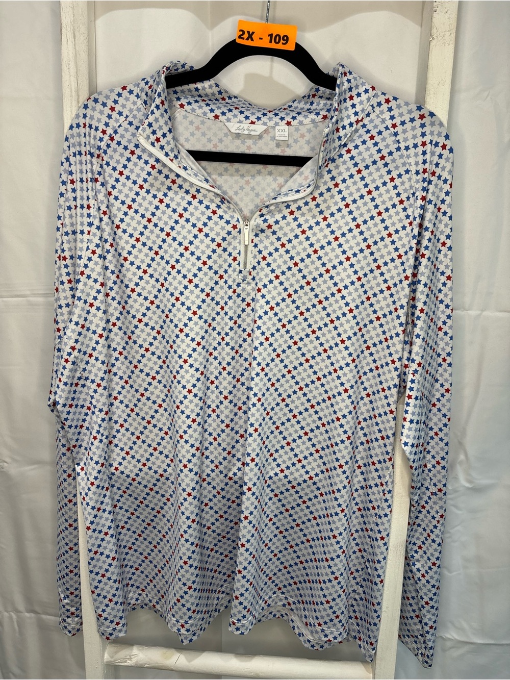 Lady Hagen White Long Sleeve Quarter-Zip Top with Red & Blue Star Print